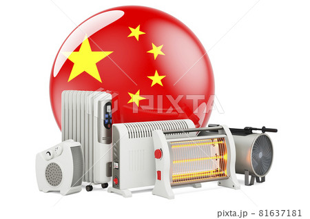 Chinese flag with heating devices. Manufacturing, trading and service of convection, fan, oil-filled, and infrared heaters in China. 3D rendering 81637181