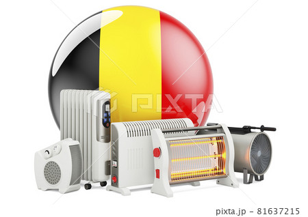 Belgian flag with heating devices. Manufacturing, trading and service of convection, fan, oil-filled, and infrared heaters in Belgium. 3D rendering Belgian flag with heating devices. Manufacturing, trading and service of convection, fan, oil-filled, and infrared heaters in Belgium. 3D rendering 81637215