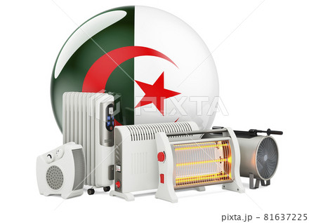Algerian flag with heating devices. Manufacturing, trading and service of convection, fan, oil-filled, and infrared heaters in Algeria. 3D rendering Algerian flag with heating devices. Manufacturing, trading and service of convection, fan, oil-filled, and infrared heaters in Algeria. 3D rendering 81637225