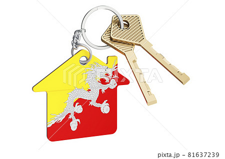 Real estate in Bhutan. Home keychain with Bhutanese flag. Property, rent or mortgage concept. 3D rendering 81637239