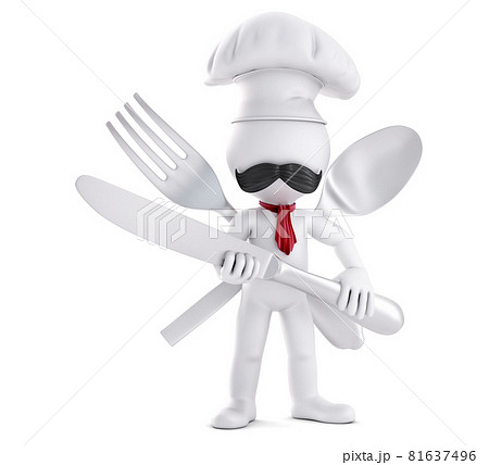 Chef posing with cutlery. 3D illustration. Isolated 81637496