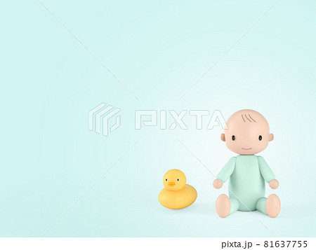赤ちゃんとアヒルのおもちゃ　緑　コピースペース 81637755
