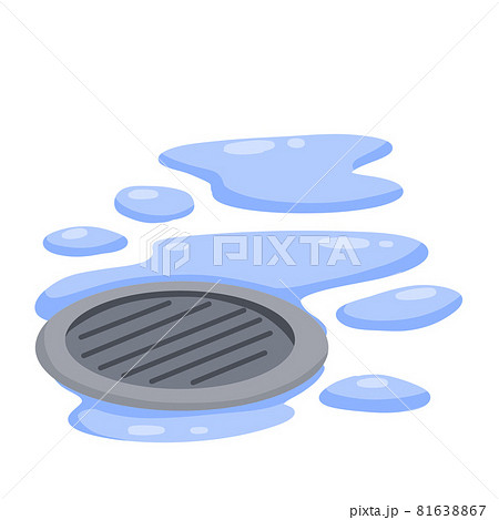 Drain in plumbing. Sink hole on floor. Blue puddle and drops of water. Bath and shower detail. Flat cartoon illustration. Element of water supply system 81638867