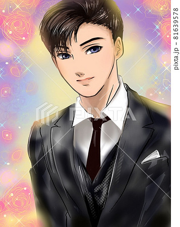 少女漫画タキシードを着た黒髪爽やかイケメンが微笑むポートレートのイラスト素材 少女漫画タキシードを着た黒髪爽やかイケメンが微笑むポートレートのイラスト素材