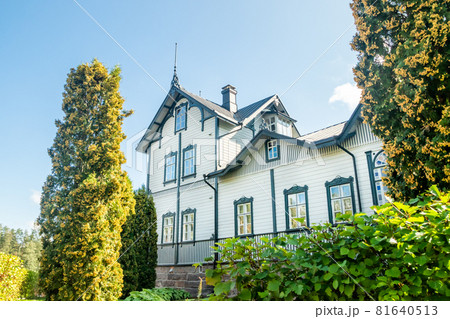 Kouvola, Finland - 2 September 2019: The owners residence in Verla at Jaala, Kouvola, Finland, is a well preserved 19th century mill village and a UNESCO World Heritage site. Kouvola, Finland - 2 September 2019: The owners residence in Verla at Jaala, Kouvola, Finland, is a well preserved 19th century mill village and a UNESCO World Heritage site. 81640513
