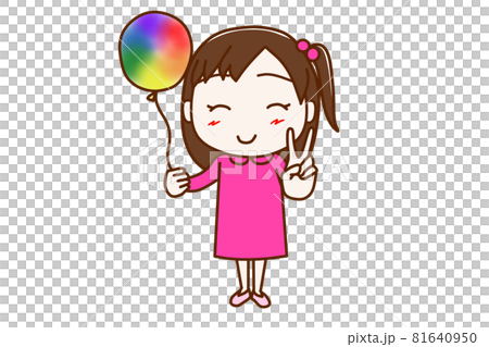 全身 正面 レインボーカラーの風船を持ってピースと笑顔で平和を願う少女のイラスト素材