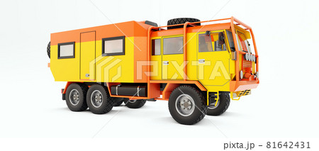 Big orange truck prepared for long and challenging expeditions in remote areas. Truck with a house on wheels. 3d illustration. Big orange truck prepared for long and challenging expeditions in remote areas. Truck with a house on wheels. 3d illustration. 81642431