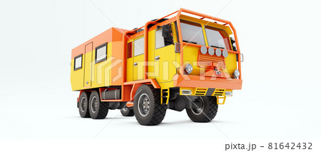 Big orange truck prepared for long and challenging expeditions in remote areas. Truck with a house on wheels. 3d illustration. 81642432