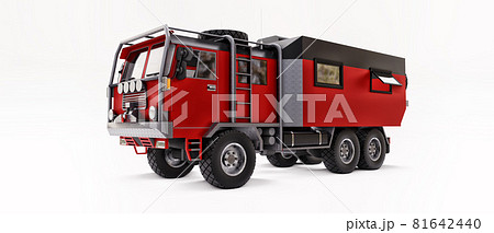 Big red truck prepared for long and challenging expeditions in remote areas. Truck with a house on wheels. 3d illustration. Big red truck prepared for long and challenging expeditions in remote areas. Truck with a house on wheels. 3d illustration. 81642440