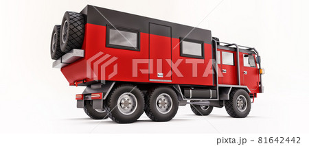 Big red truck prepared for long and challenging expeditions in remote areas. Truck with a house on wheels. 3d illustration. Big red truck prepared for long and challenging expeditions in remote areas. Truck with a house on wheels. 3d illustration. 81642442