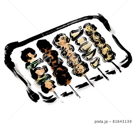 焼き鳥の盛り合わせ皿盛り5本の手描きイラスト 81643139