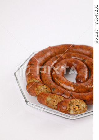 Local Northern Thai food , Northern Thai spicy sausage street food isolated in white background 81643291