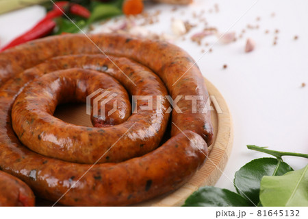 Local Northern Thai food , Northern Thai spicy sausage street food isolated in white background 81645132