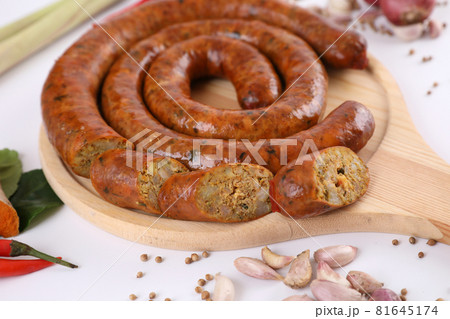 Local Northern Thai food , Northern Thai spicy sausage street food isolated in white background Local Northern Thai food , Northern Thai spicy sausage street food isolated in white background 81645174