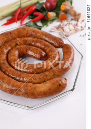 Local Northern Thai food , Northern Thai spicy sausage street food isolated in white background Local Northern Thai food , Northern Thai spicy sausage street food isolated in white background 81645827