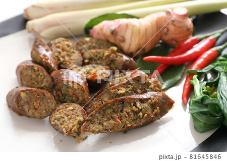 Local Northern Thai food , Northern Thai spicy sausage street food isolated in white background Local Northern Thai food , Northern Thai spicy sausage street food isolated in white background 81645846