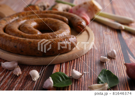 Local Northern Thai food , Northern Thai spicy sausage street food isolated in white background 81646374