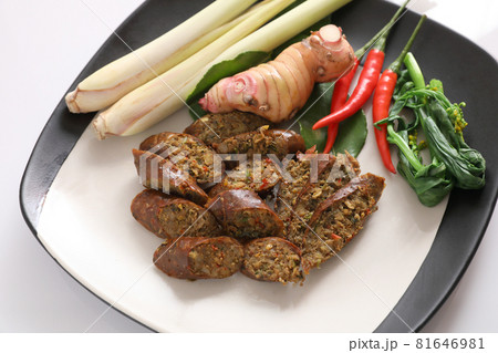 Local Northern Thai food , Northern Thai spicy sausage street food isolated in white background Local Northern Thai food , Northern Thai spicy sausage street food isolated in white background 81646981