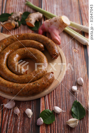 Local Northern Thai food , Northern Thai spicy sausage street food isolated in white background Local Northern Thai food , Northern Thai spicy sausage street food isolated in white background 81647043