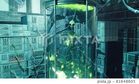 An alien float in a green gurgling liquid in a special glass aquarium in a futuristic laboratory. The image is ideal for sci-fi or space travel. The concept of an alien and laboratory. 3D rendering 81648605