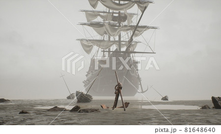 A medieval ship docked near a misty shore. The concept of maritime adventure in the Middle Ages. The image is ideal for historical, educational, pirate and adventure backgrounds. 3D rendering 81648640