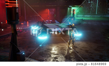 A cyber-security guard stands on a rainy street in a neon city and watches out for order. The rainy street of the city of the future. 3D Rendering 81648969