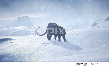 A huge mammoth is walking along a snow-covered glacier. Huge high glaciers in winter natural conditions. Arctic winter landscape. 3D Rendering. A huge mammoth is walking along a snow-covered glacier. Huge high glaciers in winter natural conditions. Arctic winter landscape. 3D Rendering. 81649002