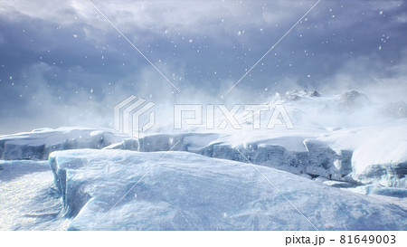 Huge high glaciers in winter natural conditions, the sea in ice, snow and blizzards. Arctic winter snowy landscape. 3D Rendering 81649003