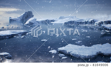 Huge high glaciers in winter natural conditions, the sea in ice, snow and blizzards. Arctic winter snowy landscape. 3D Rendering Huge high glaciers in winter natural conditions, the sea in ice, snow and blizzards. Arctic winter snowy landscape. 3D Rendering 81649006