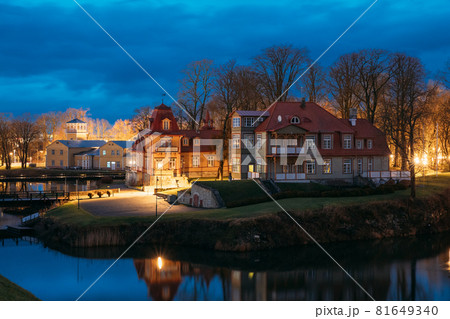 Kuressaare, Estonia. Old Wooden Mansion Ekesparre Boutique Hotel In Wooden Art Nouveau In Evening Blue Hour Night 81649340