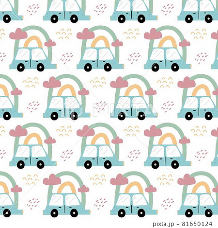 Childrens hand-drawn seamless pattern with a blue car. Pattern with a car and a rainbow. The pattern is suitable for prints, cards, posters, fabrics and wrapping paper. Childrens hand-drawn seamless pattern with a blue car. Pattern with a car and a rainbow. The pattern is suitable for prints, cards, posters, fabrics and wrapping paper. 81650124