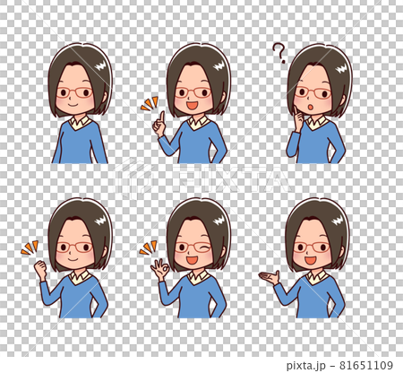 Illustration of a woman in plain clothes in various poses 81651109