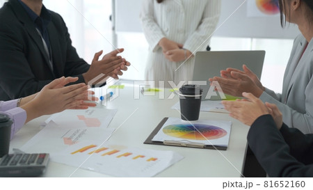 Businesswoman proficiently present work project receive celebrations from team Businesswoman proficiently present work project receive celebrations from team 81652160