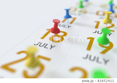 July 18 date and push pin on a calendar, 3D rendering 81652411