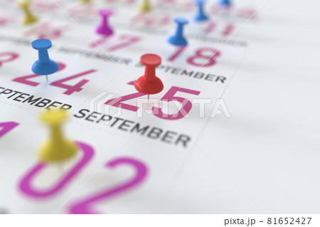 September 25 date and push pin on a calendar, 3D rendering 81652427