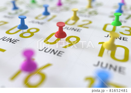 June 9 date and push pin on a calendar, 3D rendering 81652481