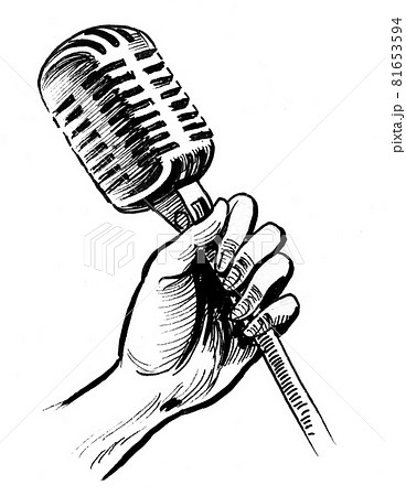 Hand holding retro microphone. Ink black and white drawing 81653594