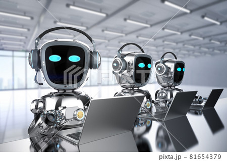 group of cyborgs or robot assistants work with computer notebook group of cyborgs or robot assistants work with computer notebook 81654379