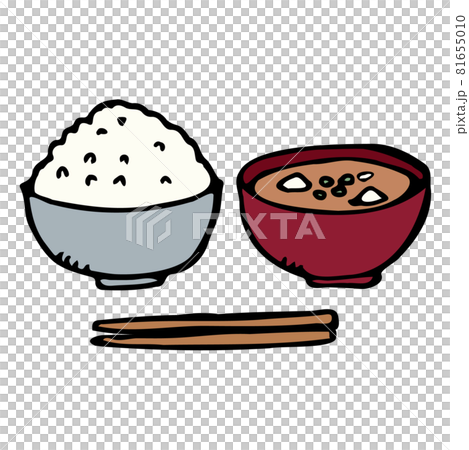 [Hand-painted fountain pen line drawing] Food separately _ rice and miso soup 81655010