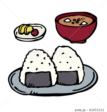 手描き万年筆線画】Food_おにぎりと味噌汁のイラスト素材 [81655221