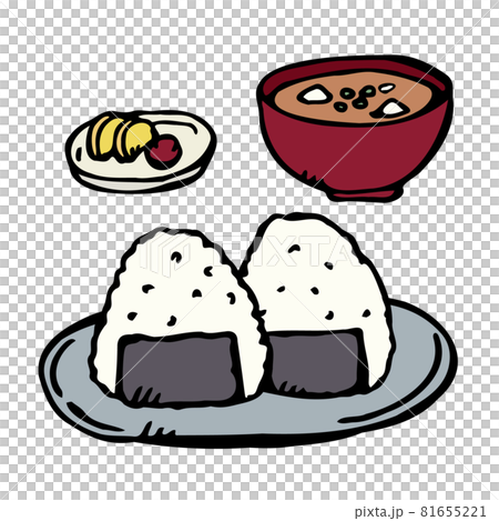 手描きイラスト　アナログ絵　金のぐるぐるおにぎり 手描き万年筆線画】Food_おにぎりと味噌汁のイラスト素材 [81655221