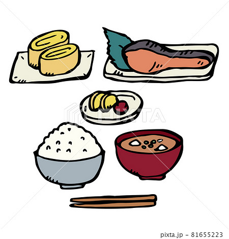 手描き万年筆線画 Food ごはん味噌汁おかず2品のイラスト素材