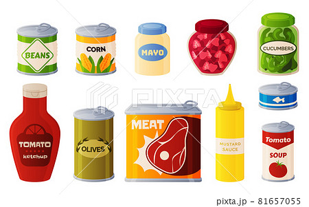 Canned food. Cartoon preserved meal and sauces. Bottles with ketchup, mayonnaise or mustard. Corn and beans tins. Conserved meat or fish metal packaging. Vector supermarket goods set 81657055