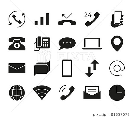 Communication icons. Smartphone call, mailing or texting symbols. Laptop and network sharing signs. Global phone and Internet connection. Vector isolated black silhouettes elements set 81657072
