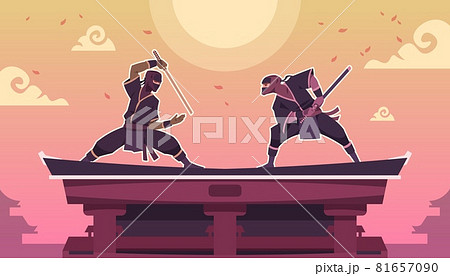 Ninja fight. Cartoon scene with ancient Japanese warriors in black kimono with swords. Shinobi duel. Assassins standing in combat positions on building roof. Vector fighting game screen 81657090
