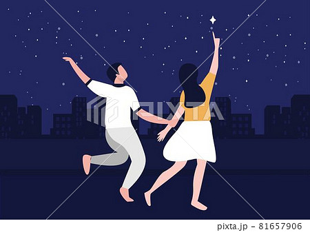 the joy of young people in the night of the big city with stars in the sky The girl pointed her finger at the stars that were shining brightly. Flat style cartoon illustration vector the joy of young people in the night of the big city with stars in the sky The girl pointed her finger at the stars that were shining brightly. Flat style cartoon illustration vector 81657906
