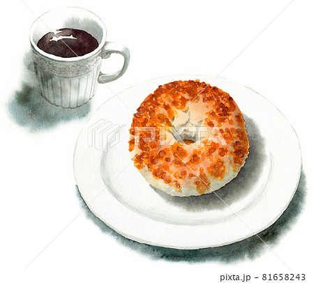 アナログ水彩チーズベーグルとコーヒーのセット 81658243