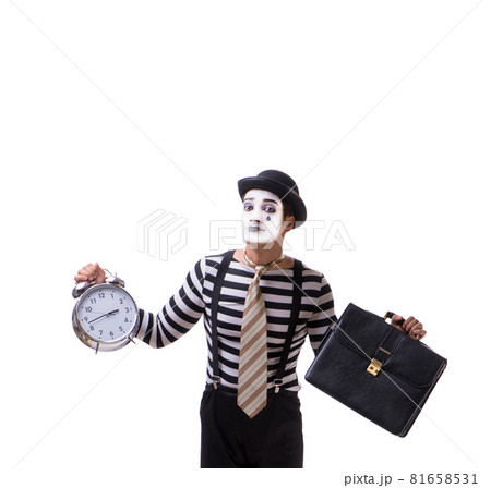 Mime in time management concept isolated on white background Mime in time management concept isolated on white background 81658531
