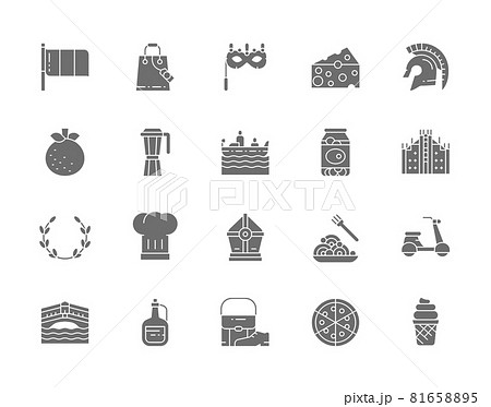 Set of Italian Culture Grey Icons. Mandarin, Gondola, Traditional Venetian Mask, Canned Olives, Olive Branch, Pasta, Pizza and more. 81658895