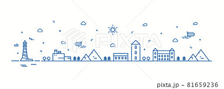 Vector landscape line art illustration. Village landscape with houses, building, tree, sky. Suburban landscape in monochrome line art style. Vector illustration. 81659236